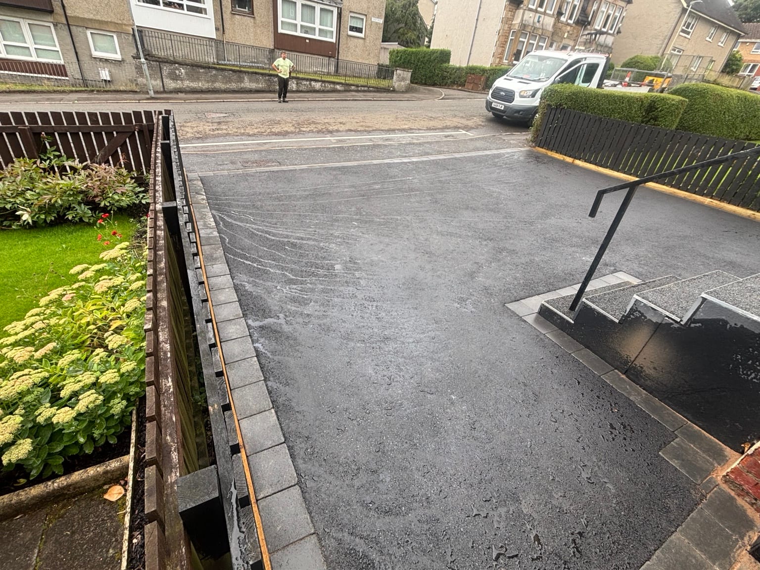 Completed tarmac driveway viewed from the house